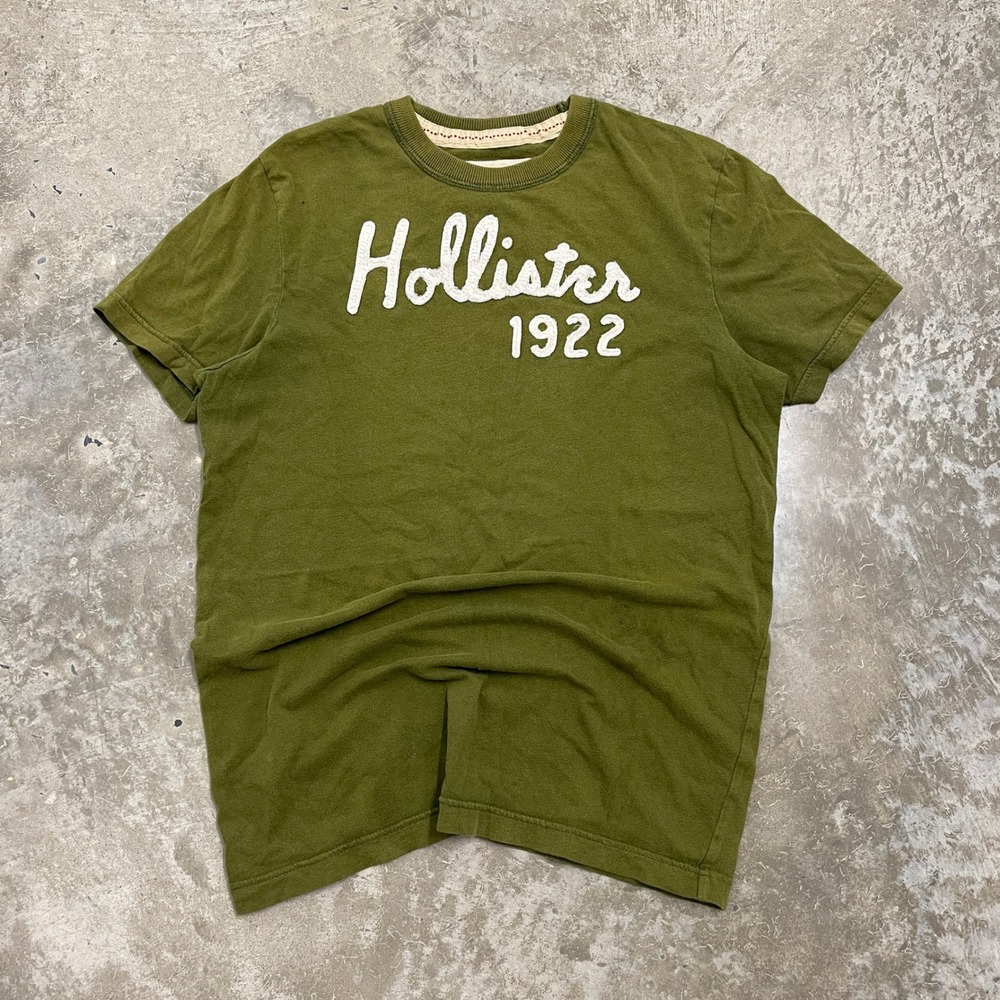 Hollister California Mens M Olive Green Chenille Logo 1922 Graphic T-Shirt
